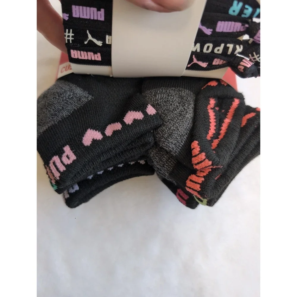 PUMA Girls 8 Pack Low Cut Heart Socks + 4  Hair Ties, 5-6.5, Black/Multi Small